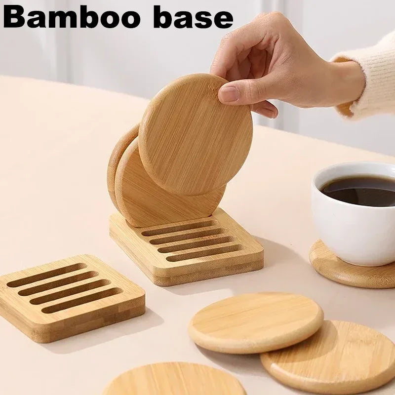 Bamboo Base Coaster Set Simple Creative Cup Holder Round Water Cup Insulation Pad Bamboo Tea Cup Holder Display Rack Accessories