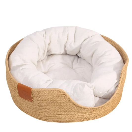 Woven Rattan Cat Basket Nesting Bed All-Season Cozy Kitten Lounger Cushion Scratching Board Detachable 2 in1 Cats Beds House