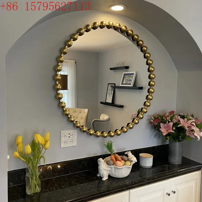 Creative beaded decorative mirror round frame luxury gold metal frame wall mirror hotel living room wall mirror