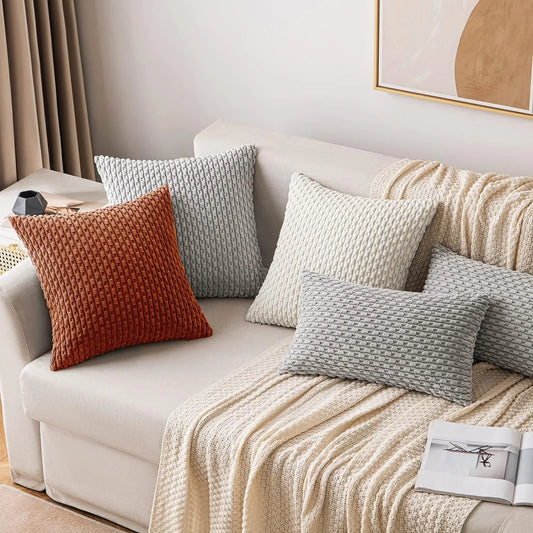 Boho Striped Decorative Throw Pillow Covers, Soft Corduroy Double-sided Fluffy Farmhouse Couch Pillow Covers, Orange 40/45/50CM