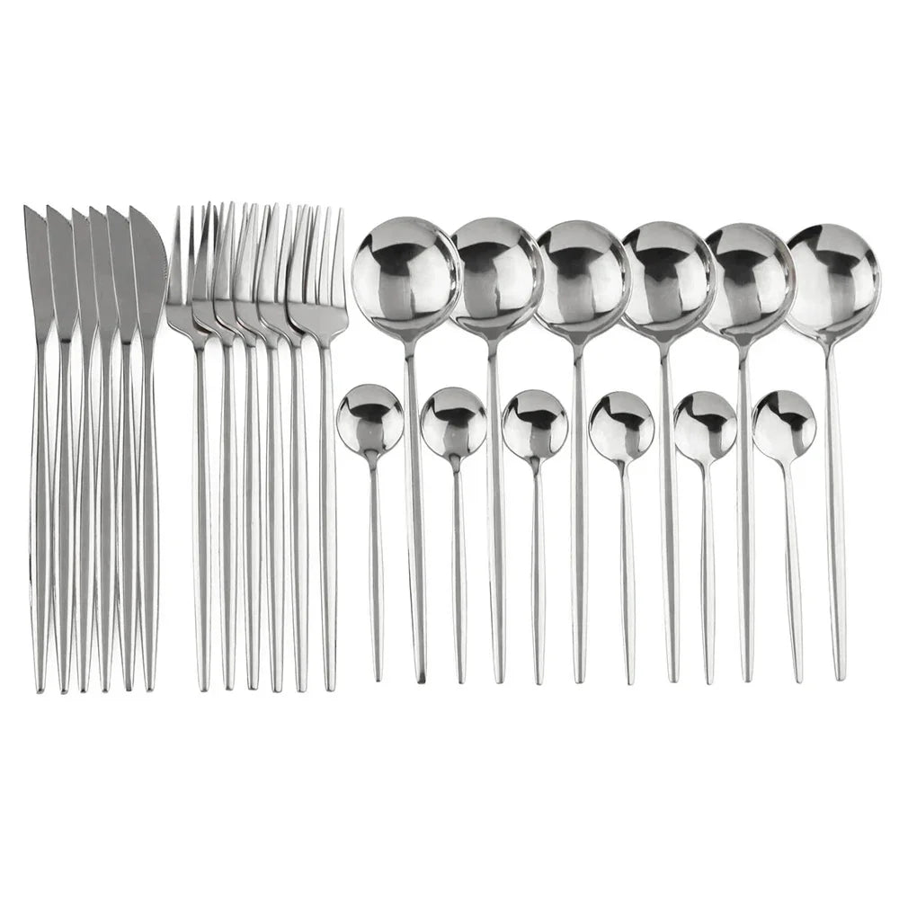 24Pcs Luxury Mirror Flatware Set Kitchen Stainless Steel Tableware Set Hotel Dinnerware Set Western Silver Cutlery Set Gift