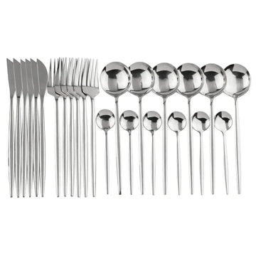24Pcs Luxury Mirror Flatware Set Kitchen Stainless Steel Tableware Set Hotel Dinnerware Set Western Silver Cutlery Set Gift