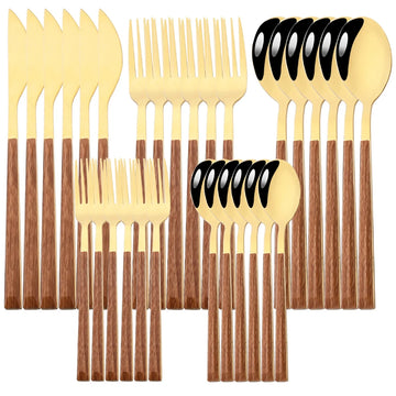 24/30Pcs Imitation Wooden Handle Dinnerware Cutlery Set Stainless Steel Tableware Western Knife Fork Spoons Silverware Flatware