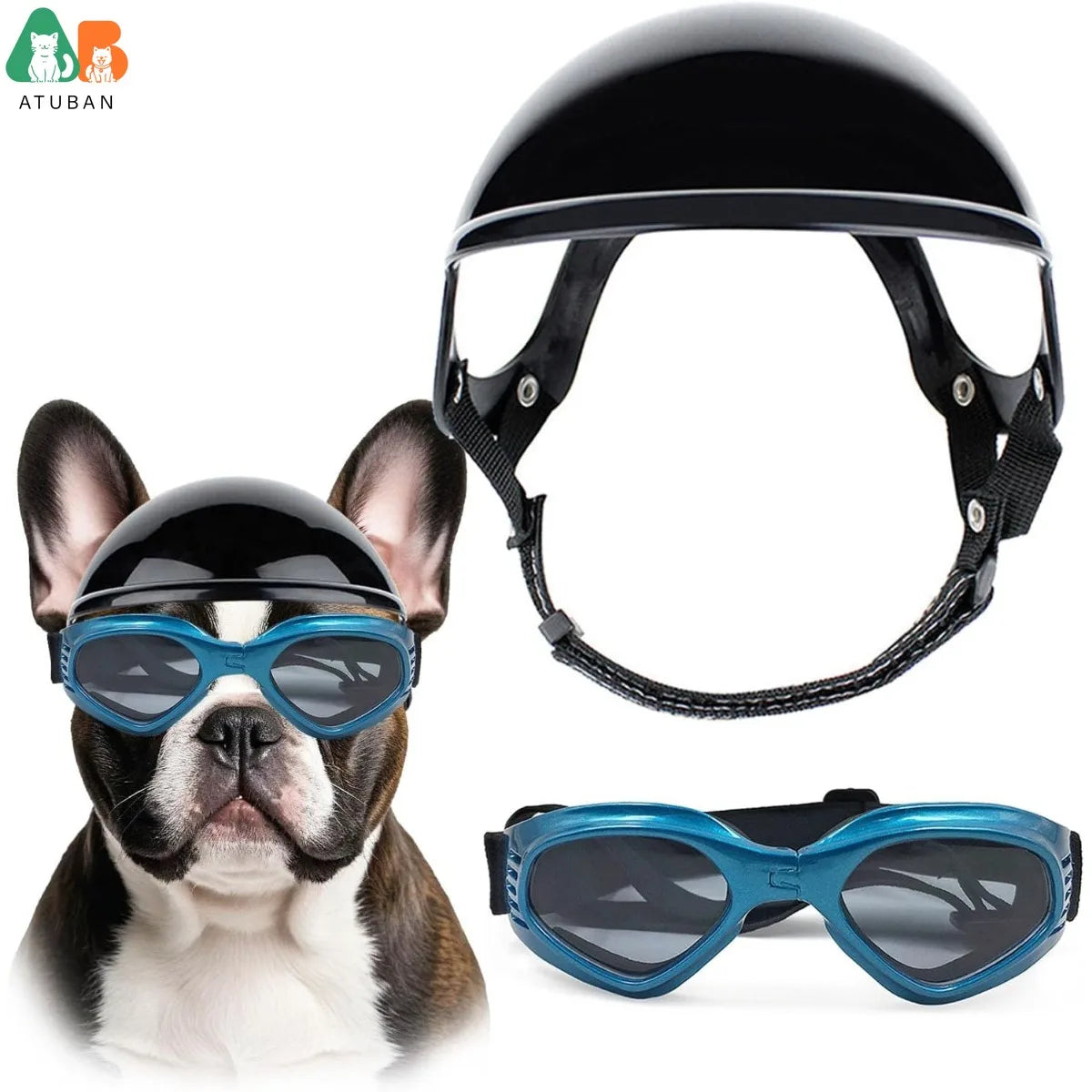 ATUBAN Dog Helmet and Sunglasses Set for Small to Medium Dogs, Foldable Pet Goggles Eyewear with Adjustable Elastic Strap,Blue