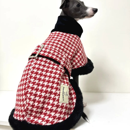 Elegant Adjustable Waistband Red Houndstooth Winter Cotton Coat For Italy Greyhound  Windproof Warm Cape Jacket for Whippet Dog