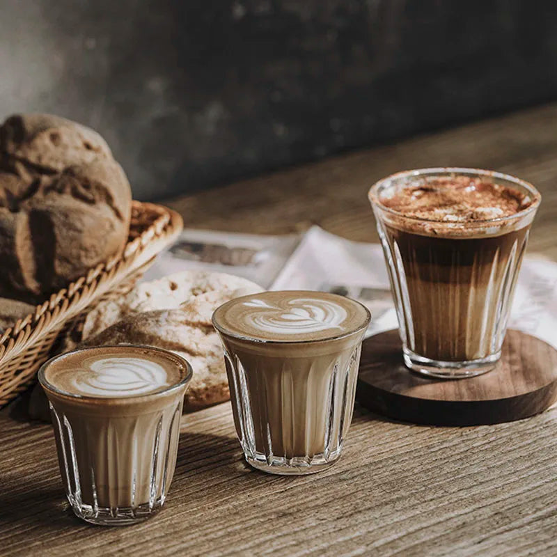 Leeseph Coffee Cup Clear Espresso Stripes Glass Cup Wide Mouth Mocha Hot Beverage Mug Drinking for Latte Cappuccino Tea Cafe