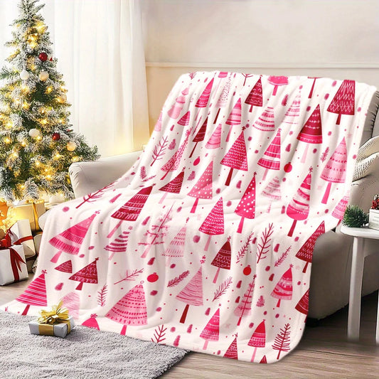 Cozy Pink Christmas Tree Flannel Throw Blanket - Soft, Warm & Versatile for Naps, Camping, Travel & Home Decor - Perfect Holiday