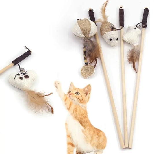 1PC Teaser Feather Toys Kitten Funny Colorful Rod Cat Wand Toys Wood Pet Cat Toys Interactive Stick Pet Cat Supplies