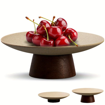 Fruit Bowl for Kitchen Counter 6.3", Ceramic Chinese Style Decorative Bowl with Walnut Base for Home Decor, Fruit/Snacks/Dessert