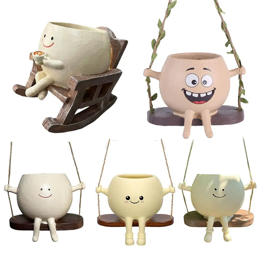 Creative Rocking Chair/Swing Face Flower Pot Garden Pots Cute Resin Head Planters Home Garden Supplies for Indoor Outdoor Plants