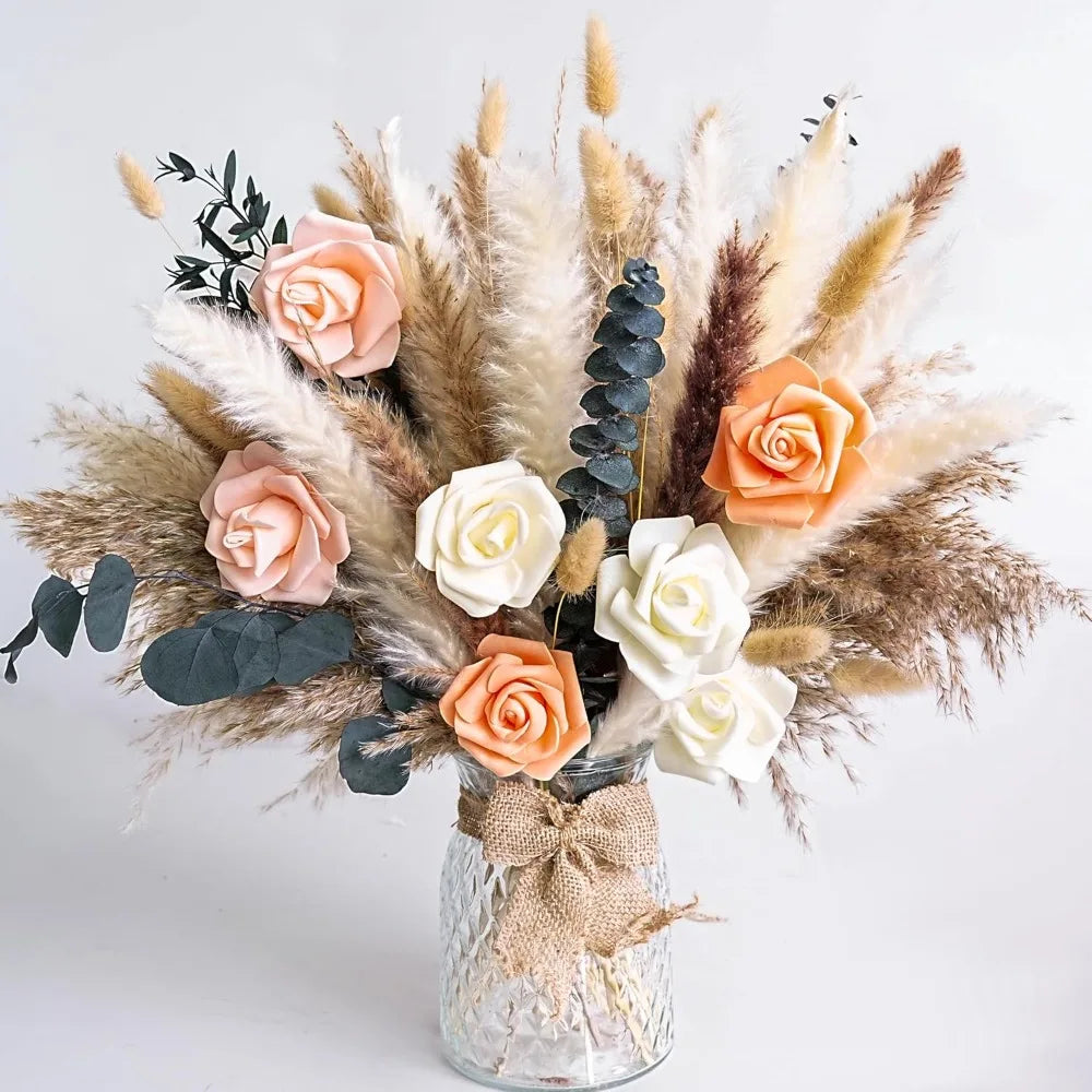 Dried Flower Bouquet | Pampas Grass Decor | Floral Arrangements for Home & Wedding | Boho, Rustic, and Modern Decorations (Witho