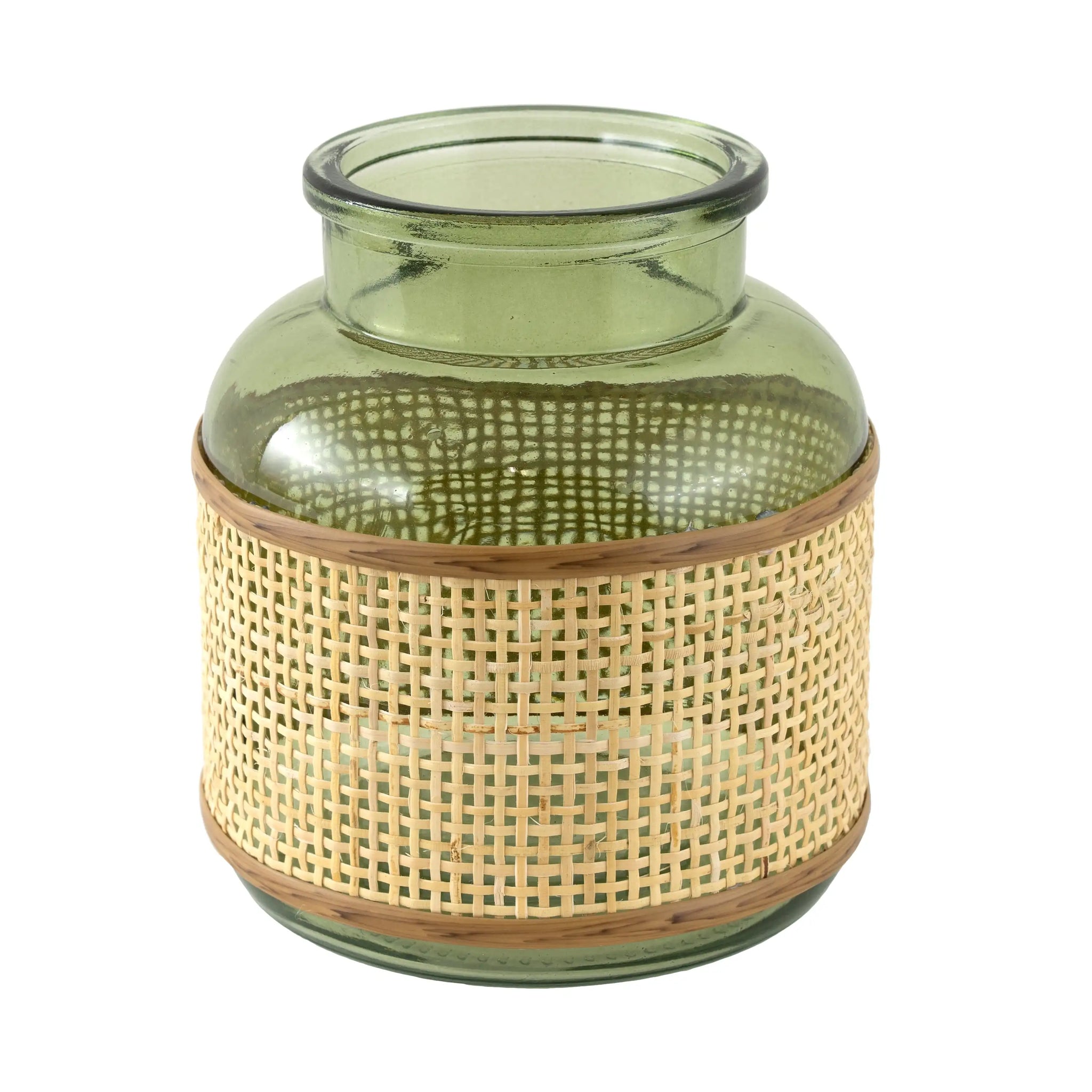 6 Inches Green Translucent Glass Indoor Tabletop Vase with Natural Rattan Caning Wrap