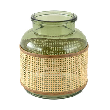 6 Inches Green Translucent Glass Indoor Tabletop Vase with Natural Rattan Caning Wrap