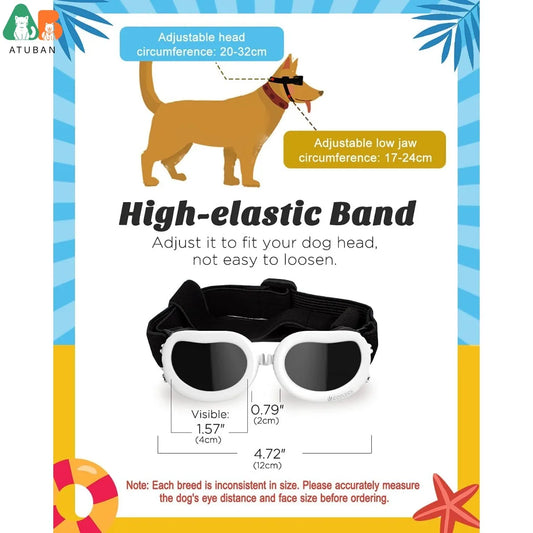 ATUBAN Small Breed Dog Goggles - UV Protection Sunglasses with Adjustable Strap, Windproof, Anti-Fog for Small Dogs, White