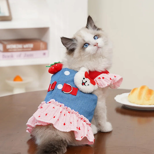 Cute Puppy Clothes Cute Dog Dresses Pet Clothing Cat Dress Pet Denim Harness with Leash Summer Sweet Strawberry Small Dogs Skirt