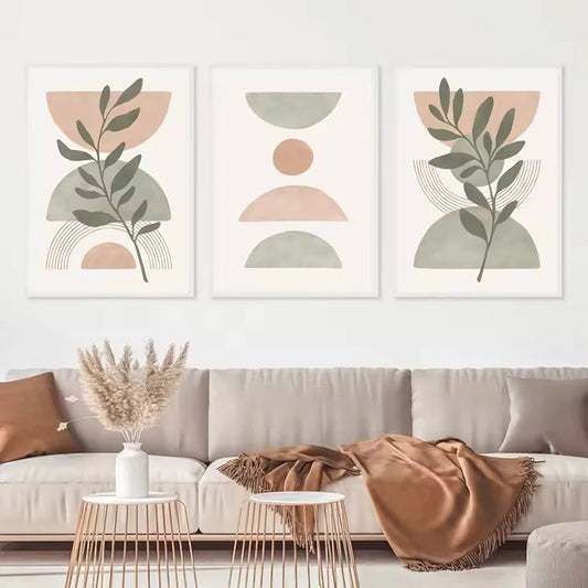 Boho Green Leaf Sun Geometry Nordic Canvas Painting Abstract Bohemian Simple Lines Posters Prints Pictures Wall Art Room Decor