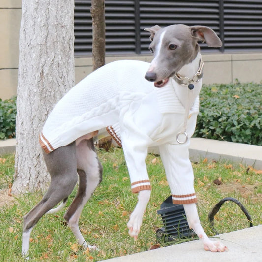 Lapel Cardigan Jacket Knitted White Sweater for Little Greyhound Whippet Winter Long Sleeves Warm Coat for Mid Dogs Pet Clothing