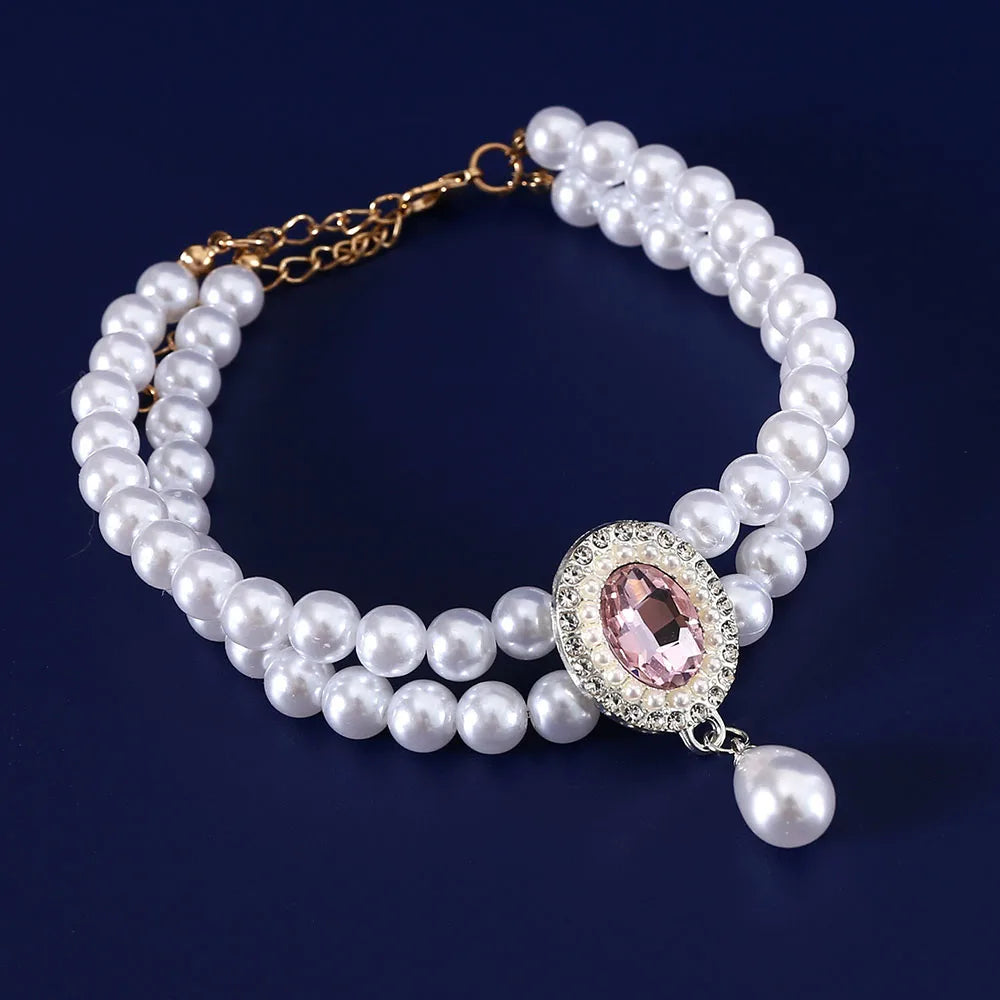 Pet Collar with Double Row Pearls Pendant Small Dogs Cat Pearl Necklace Fashion Accessories for Kitten Puppy Wedding Accessories