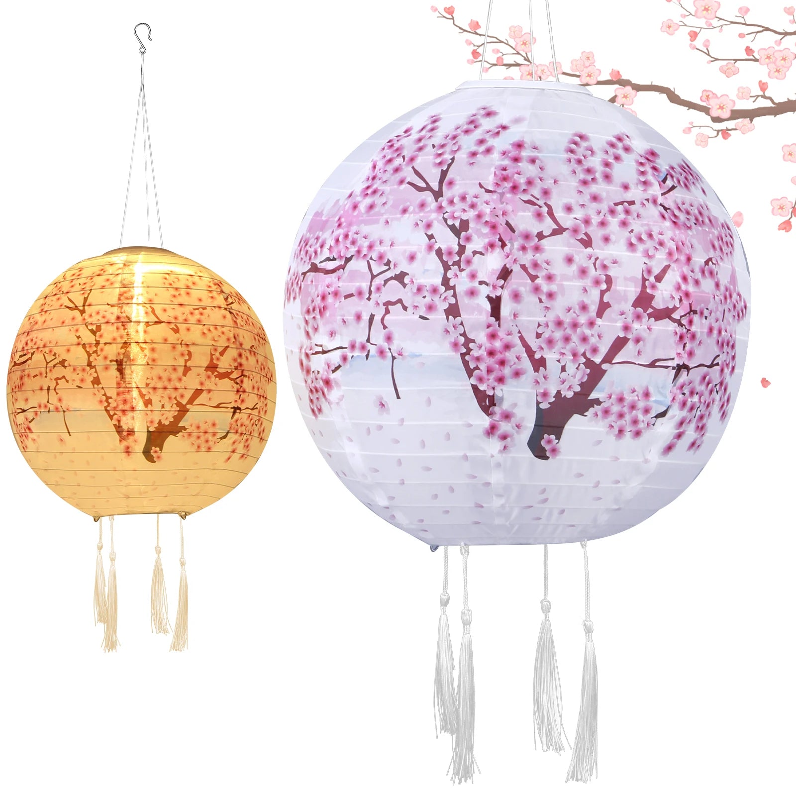 Solar Powered Cherry Blossom Lights Nylon Colth Chinese Traditional Hanging Lanterns IP65 Waterproof for Patio Garden Decor