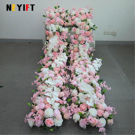 Artificial Rose Flower Row Decor Wedding Backdrop Arch Frame Banquet Table Runner Floral Arrangement Stage Window Display Props