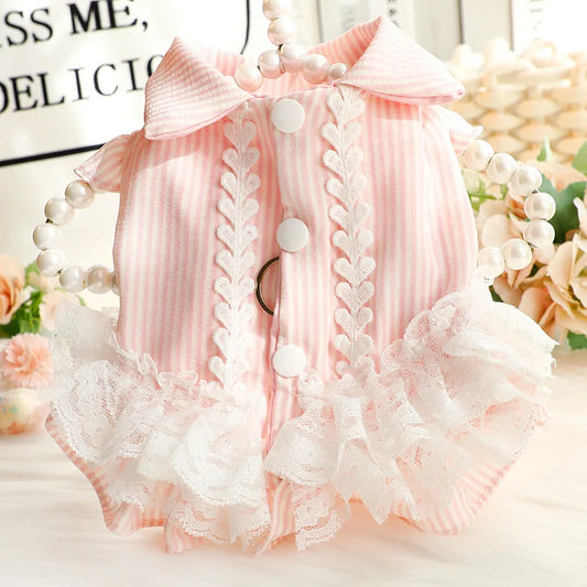 Summer Thin Cat Dog Striped Shirt Clothes with Lace for Small Breeds Teddy Dog Shirt for Small Dogs