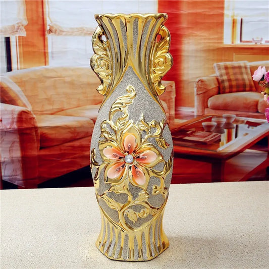 30CM Luxury Europe Gold-Plated Ceramic Vase Home Decor Creative Design Porcelain Decorative Flower Vase For Wedding Decoration