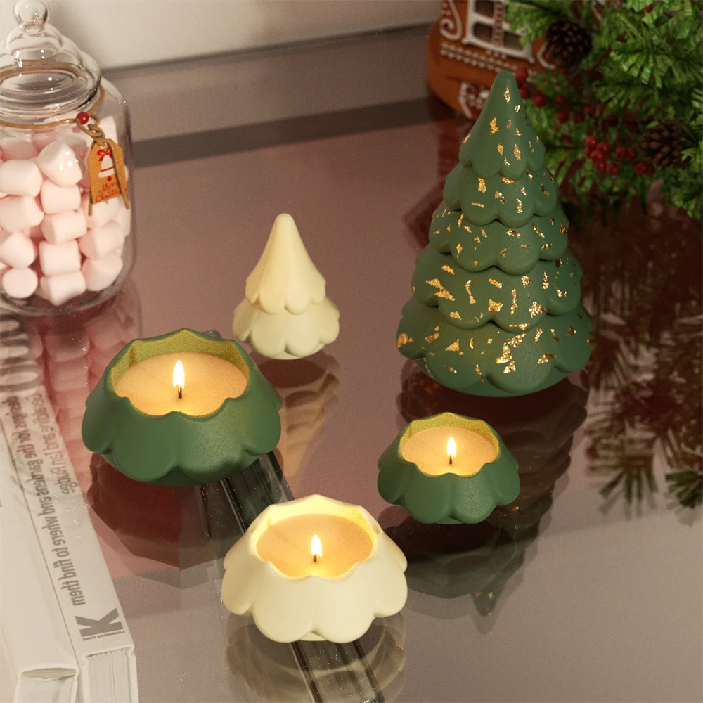 Blooming Stacking Christmas Tree Candle Jar Silicone Molds for Concrete Jesmonite Cement DIY Christmas Craft Gifts