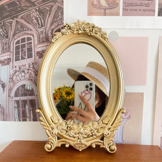 Rustic French Palace Style Carving Frame Table Mirror Gold Decorative Tray Home Decorative Mirror Bedroom Table Makeup Mirror
