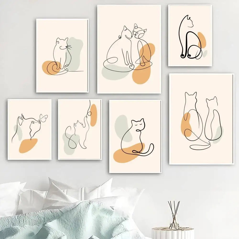 Northern Europe One Line Cat Minimalist Anime Poster Self-adhesive Wall Art Picture Bedroom Living Room Mural Home Decor