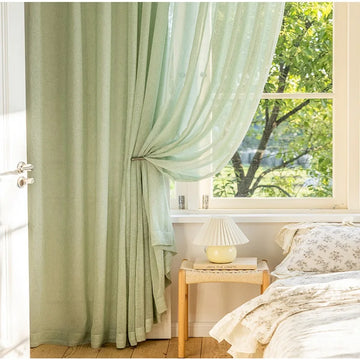 Japanese mint green curtains gauze simple style fresh artistic translucent shutter yarn living room bedroom custom curtain size