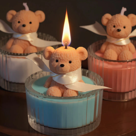 Scented Luxury Teddy Bear Soy Candle in Glass Jar with Ribbon, Creamy Pastel Gifts for Women, Bridal Shower & Holiday Favors