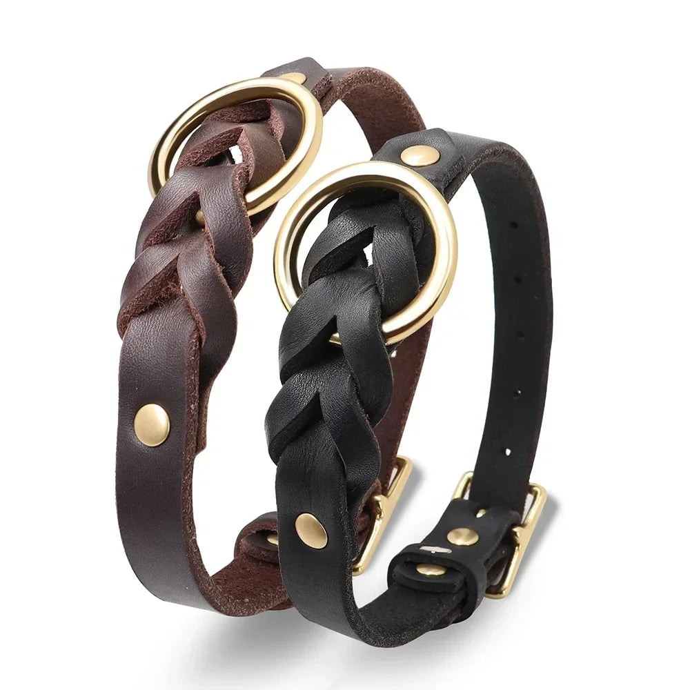 Soft Real Leather Dog Collar Adjustable Genuine Leather Braided Dog Collar for Big Dogs French Bulldog Pit-bull Pet Accessories