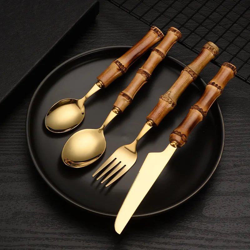 Natural Bamboo Handle Cutlery Set,Stainless Steel Dinnerware,Kitchen Silverware Flatware,Includes Forks Spoons Knives Tableware