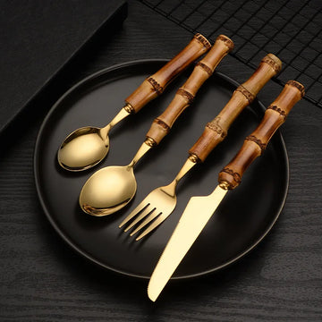 Natural Bamboo Handle Cutlery Set,Stainless Steel Dinnerware,Kitchen Silverware Flatware,Includes Forks Spoons Knives Tableware
