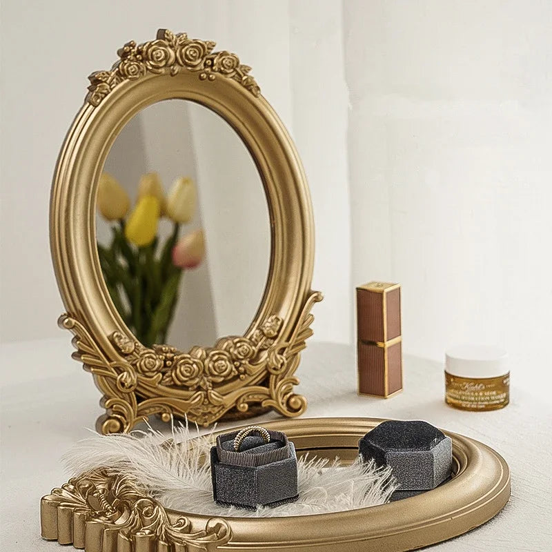 Rustic French Palace Style Carving Frame Table Mirror Gold Decorative Tray Home Decorative Mirror Bedroom Table Makeup Mirror