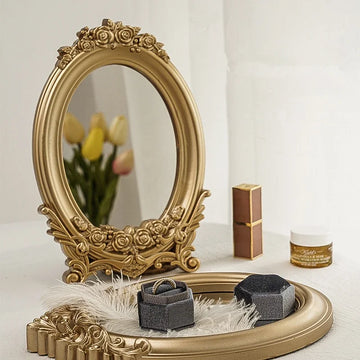 Rustic French Palace Style Carving Frame Table Mirror Gold Decorative Tray Home Decorative Mirror Bedroom Table Makeup Mirror