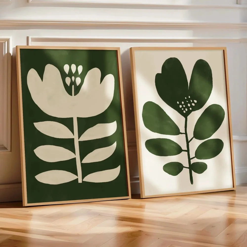 Frameless Modern Fashion Wall Decoration Art,Moss Green Canvas Printing Art Poster,Abstract Flower Painting Retro Flower Poster