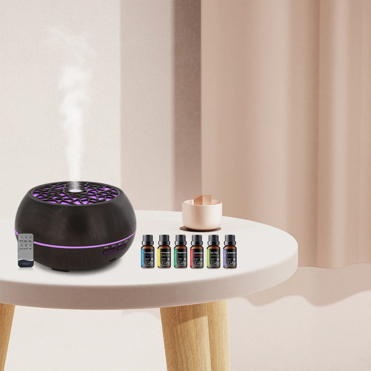 Luxury Aromatherapy Set: 550ml Diffuser with Remote, 6 Premium Oils & Mood Light for Spa-Grade Ambiance
