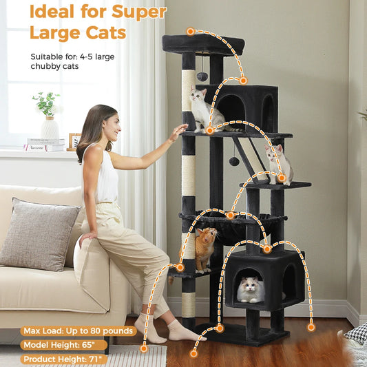 Large Cat Tree Tall Cat Tower for indoor Cats Multi-level Cat House Furniture with 2 Big Condo Scratching Post Pad Bed