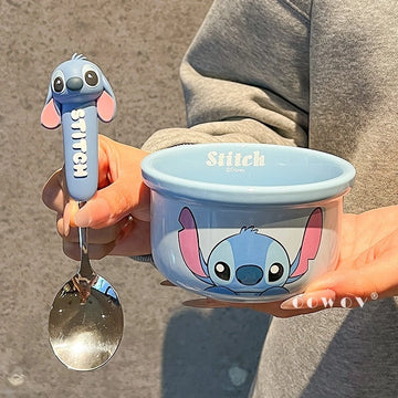 Cute Cartoon Anime Peripheral Stitch Household Ceramic Rice Bowl Cute Cartoon Winnie The Pooh Children'S Tableware Spoon Set Gif