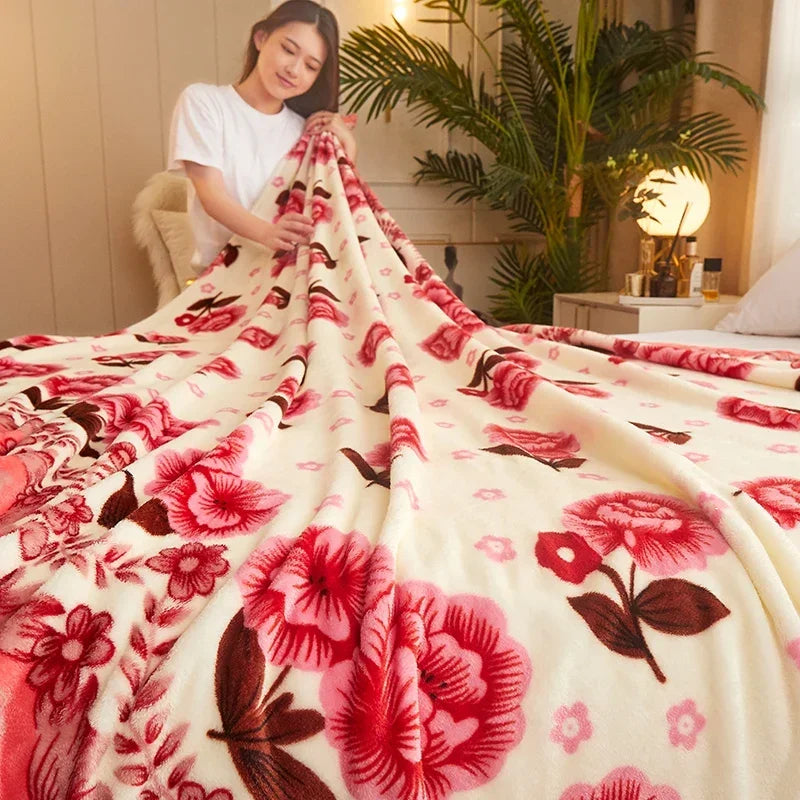 Thin Blanket for Summer Soft Coral Fleece Flannel Blanket for Beds Flower Printed Plaids for Bed Single/Queen/King Size Blanket