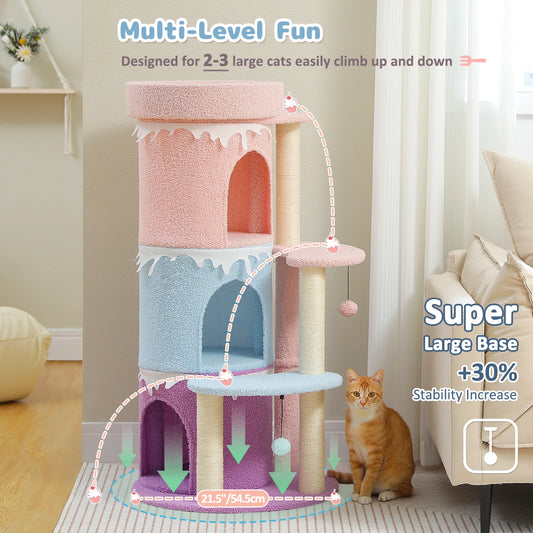 Multi-Level Cat Bed Cat House, Large Cat Condos for Indoor, Cute Cat Tree Tower with Sisal Scratching Posts, Pompoms, Kitten Toy