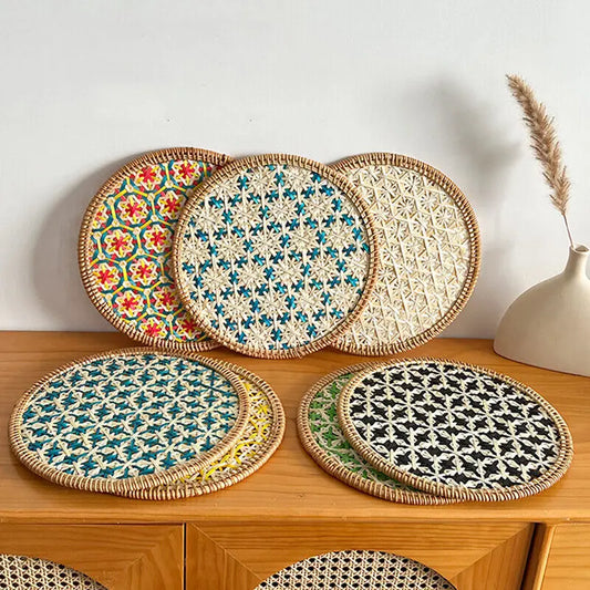 30/36cm Color Handmade Rattan Tray Round Heat-resistant Teapot Pad Hotel Home Decor Ethnic Style Dining Table Heat-insulate Pad