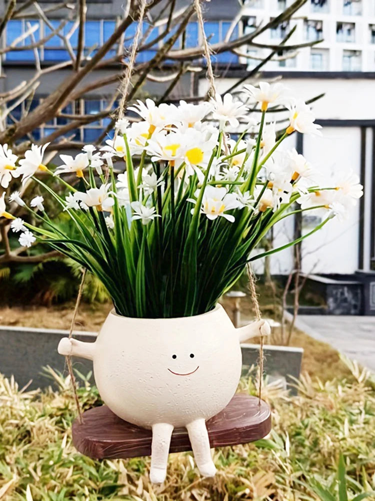 Swing Smile Face Planter Resin Smiling Face Flower Pot Creative Smile Face Flower Container for Indoor Outdoor Plant