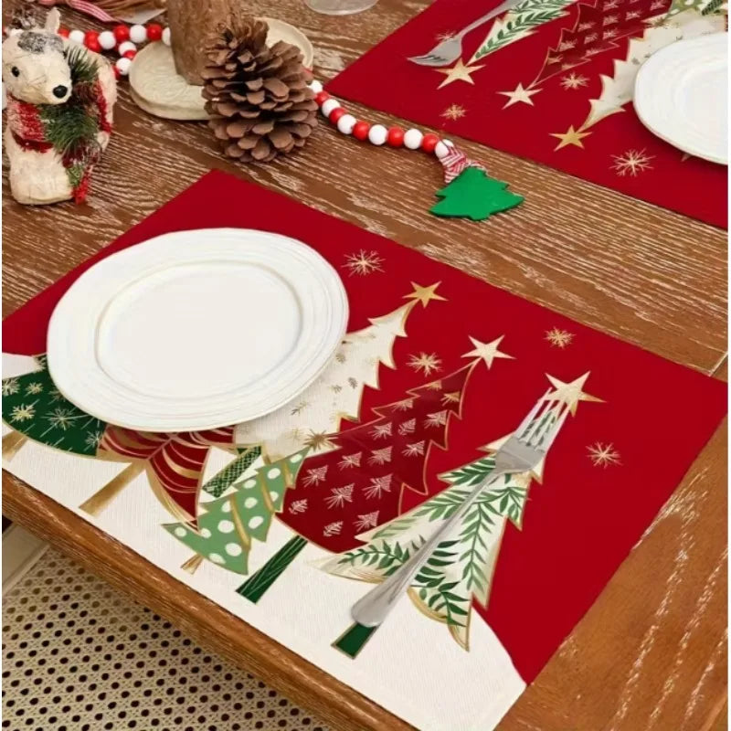 Linen Placemat with Christmas Element Printing Dirt Resistant Tabletop Placemat Suitable Party Kitchen and Restaurant Decoration
