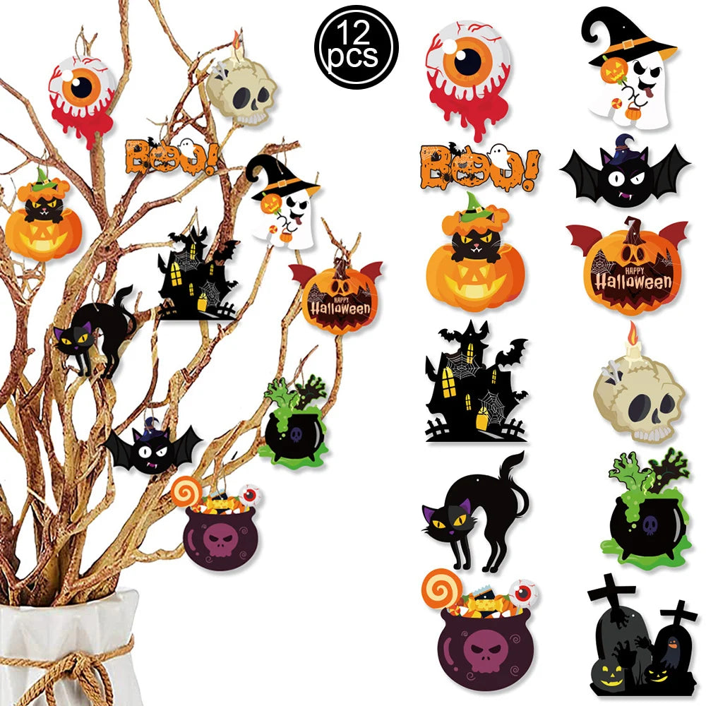 Halloween Wooden Hanging Ornaments Halloween Tree Decorations Ghost Pumpkin Skull Ghost House for Trick or Treat Party Supplies