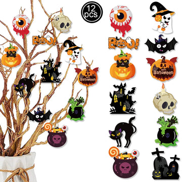 Halloween Wooden Hanging Ornaments Halloween Tree Decorations Ghost Pumpkin Skull Ghost House for Trick or Treat Party Supplies