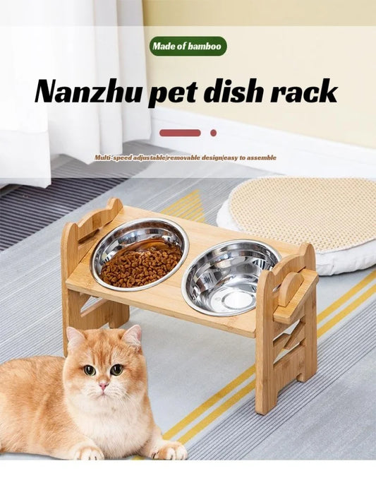 Bamboo Tilted Adjustable Pet Dog Food Double Bowl Stand Cat Meal Rack Feeder Pet Feeding with Stainless Steel Bowl Pet Accessori