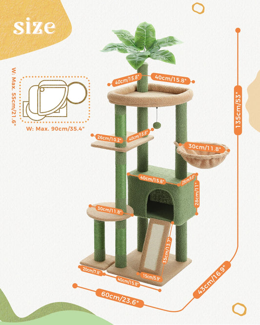 Multi-Level Cat Tree for Indoor Cats, Large Condo, Sisal Scratching Posts, Hammock & Perch, Fresh Cactus Design, Sturdy