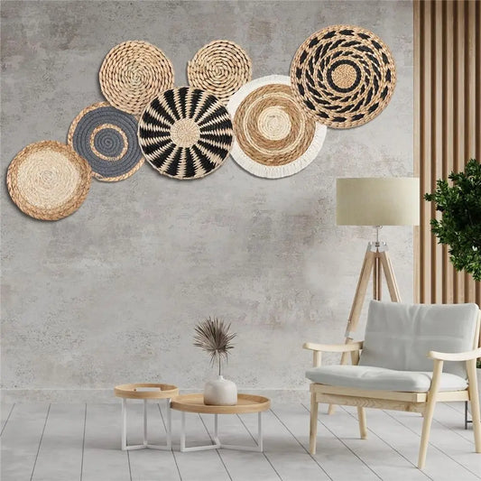 7PCS Boho Wall Baskets Round Shape Rattan Wicker Handmade Wall Art Room Decor Seagrass Hanging Wall Basket
